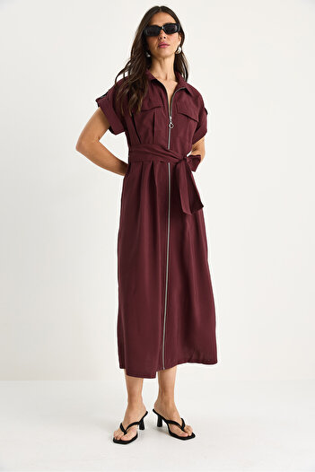 Bianco Lucci Women's Pocket and Zipper Detailed Belted Collar Long Dress Chd27 60283335