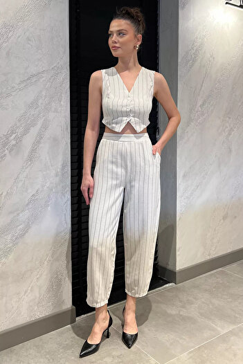 GÜLSELİ Stone Women's Line Patterned Linen Vest Trousers Double Set