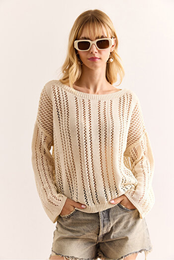 Olalook Women's Ecru Openwork Relaxed Fit Seasonal Knitwear Blouse Blz-19002980