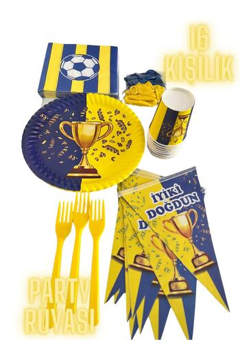 partyrüyası Yellow Navy Blue Mug Themed Birthday Set for 16 People