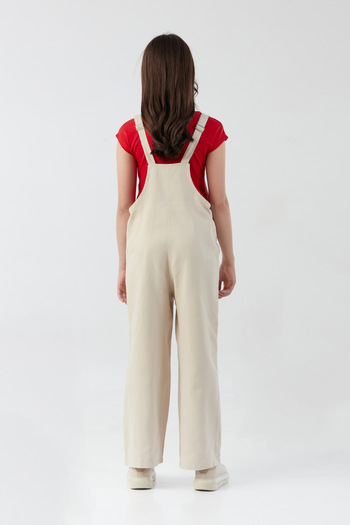 Fulla Moda 100% Cotton Teddy Bear Embroidered Girl's Jumpsuit with Pocket Detail