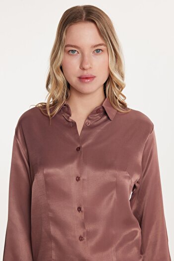 Tudors Women's Slim Fit Slim Fit Long Sleeve Classic Collar Satin Dusty Rose Shirt