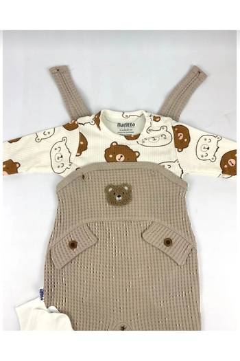 Uğur bebe Ayı desenli Erkek Bebek Tulum 3 lü Tulum seti (Zıbın Tulum çorap) 3-6-9 ay Bebek kıyafeti bej renk