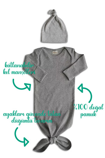 Minuche Ribbed and Bottom Tie Baby Bodysuit and Beanie Set 100% Cotton - Easy Bottom Opening Design