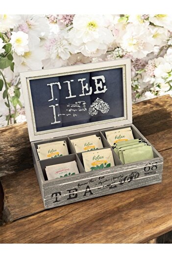 AHİR TİCARET Bamboo-Wooden 6 Compartment Tea Box with Lid