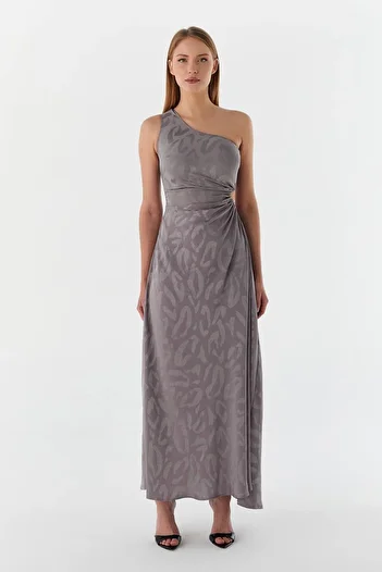 Kinzi Women's One Shoulder Detailed Shiny Patterned Gray Stylish and Style Dress