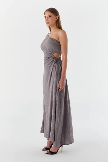 Kinzi Women's One Shoulder Detailed Shiny Patterned Gray Stylish and Style Dress