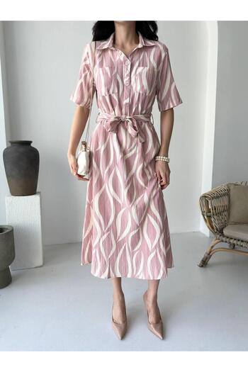 LE CARAMBOLE Women's Powder Patterned Waist Belted Dress with Pocket Detail