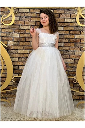 Zey Baby White Waist Sequin Detailed Full Length Children's Evening Dress Show and Party Dress