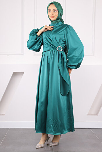 İmajButik Emerald Green Side Buckle Tie Satin Evening Dress