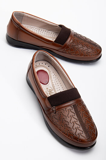 Yüce Stoned Daily Leather Orotpedic Sole Large Size Mother Women's Shoes Yc303