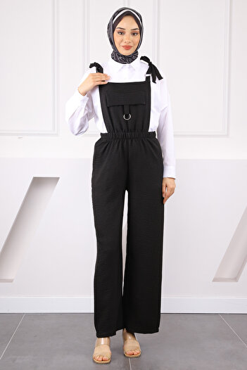 İmajButik Black Linen Jumpsuit with Pocket Detail