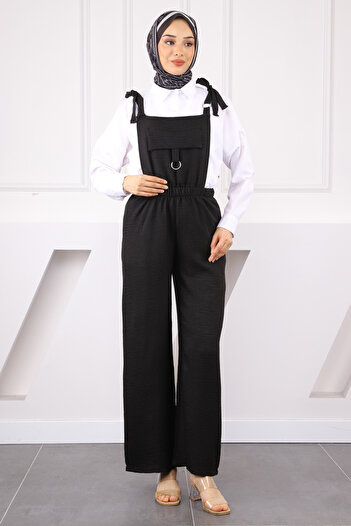 İmajButik Black Linen Jumpsuit with Pocket Detail