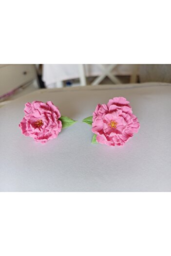 CREATİVESHOP Peony Flower Earrings, Pink Flower Earrings, Leafy Earrings
