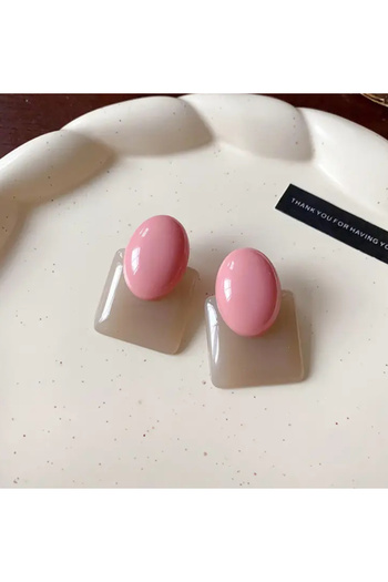 Phellos Beige Square Earrings with Pink Oval Stone |   Coquette Style Vintage Look Earrings