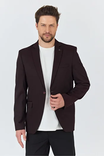 Frappoli Manzoni Men's Burgundy Polyester Fabric Mono Collar Slim Fit Blazer Jacket