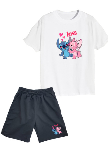 makiteks Set of 2 Printed Girls' Cotton Shorts Tshirt Suit Lilo Stitch04 5 6 7 8 9 10 11 12 13 14 Years T-Shirt