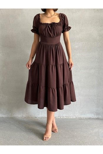 BEJNA Women's Brown Gathered Collar Stretch Dress