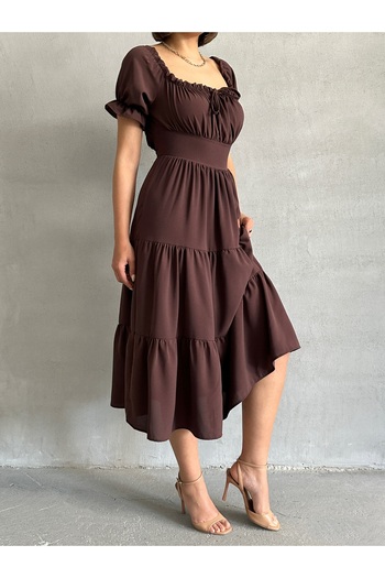 BEJNA Women's Brown Gathered Collar Stretch Dress