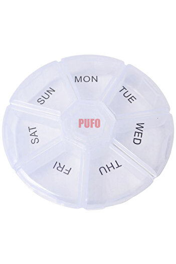 PUFO Round box for organizing medicines, vitamins or supplements for a week, Pufo Pill, 9 cm, transparent
