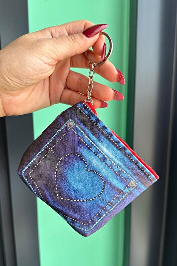 TAKIŞTIR Blue Color Pocket Detailed Heart Figured Wallet Keychain