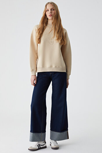 GRIMELANGE Ricenni Women's Crew Neck Oversize Stone Color Sweatshirt