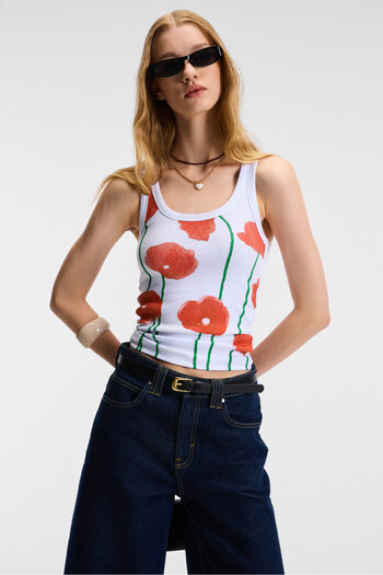 GRIMELANGE Farenella Women's Stretch Rib Fabric Floral Printed Slim White Undershirt