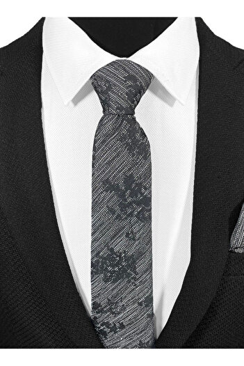 BLC Basic Line Co. Black and Gray Frayed Striped Microfiber Classic Tie and Pocket Square Set – 7 cm