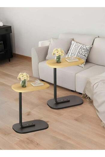 Taimi 2 pieces C-Shaped Side Table Elegant Design with Metal 45x30x60cm - Wooden Color With Black Frame