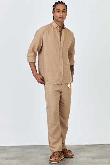 MADZEYMODA Premium New Season Men's Summer Comfortable Fit Shirt & Pants Bottom Top Light Coffee Linen Set Ls-3298