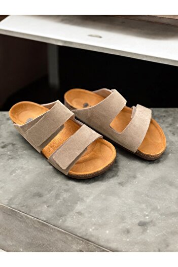 Land of Cork Unisex Γνήσιο δέρμα σουέτ, Σόλα από φυσικό φελλό, Υποστήριξη τόξου, Ρυθμιζόμενες παντόφλες Velcro