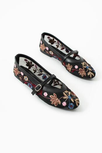ELAIA SHOES Lilia Tül Kumaşlı Nakış İşlemeli Kadın Babet Siyah