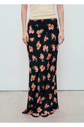MANGO Woman Floral Skirt with Lace Trim