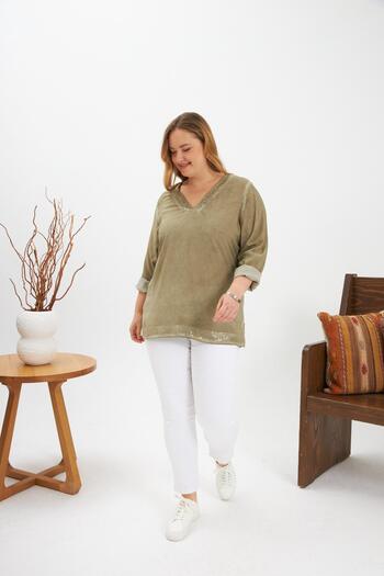 RMG Sequin Detailed Large Size Washable Blouse Khaki