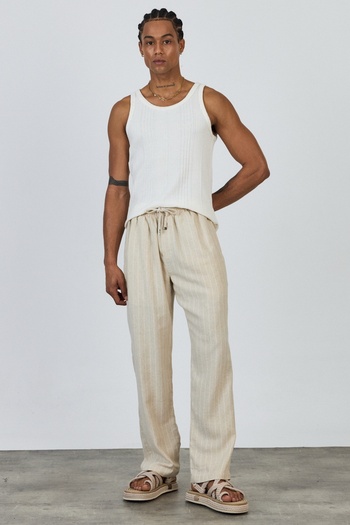 MADZEYMODA Premium Baggy Fit 100% Cotton Elastic Waist White Striped Ecru Woven Pants Ls-23105