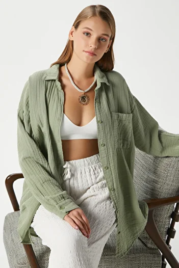 Ritnice Women's Tilda 100% Cotton Muslin Oversize Khaki Shirt