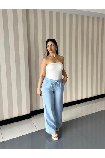 ELSEBUTİKTR Women's Muslin Lace-Up Double Pocket Baby Blue Color Summer Trousers