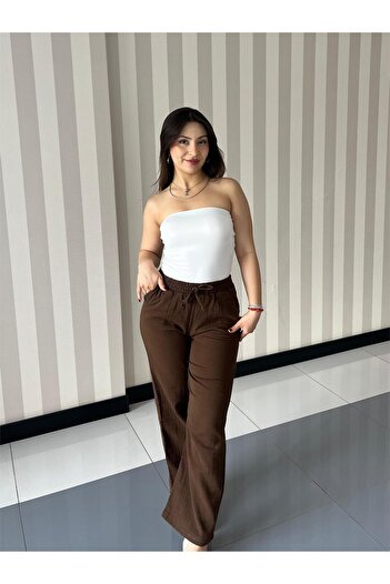 ELSEBUTİKTR Women's Muslin Waist Lace-Up Double Pocket Brown Color Summer Trousers