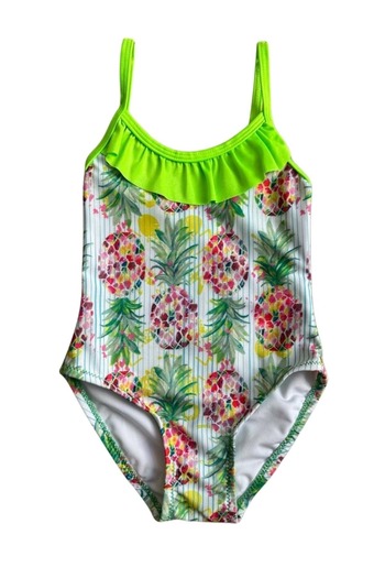 wakawakakidsstore Pineapple Patterned Frilly Green Girl's Swimsuit - Green