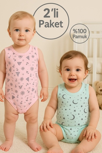 Babydonat Sailing Patterned 2 Pack 100% Cotton Baby Girl Strappy Body Set