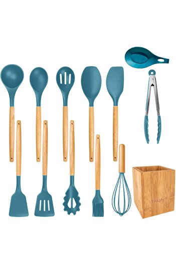 Bukate Set of 13 Kitchen Utensils, Bukate®, Wood/Silicone, Stainless Steel Support, Non-Stick, Heat Resistant
