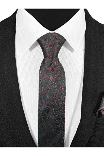 BLC Basic Line Co. Microfiber Tie with Burgundy Paisley on Black Background - 7 cm Moderin Cut
