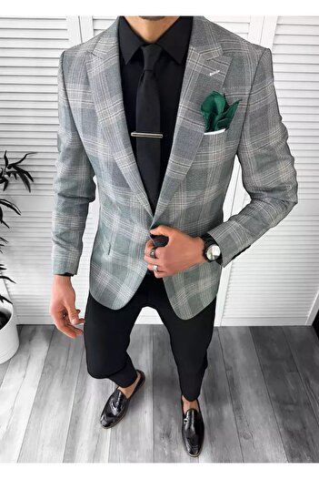 dehaine Sacou pentru barbati, slim fit, in carouri, 11811, verde