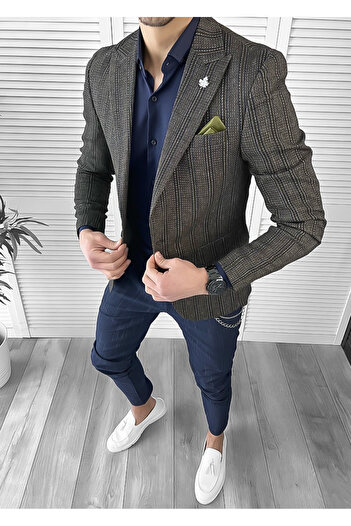 dehaine Sacou pentru barbati, slim fit, in dungi, 10118, maro