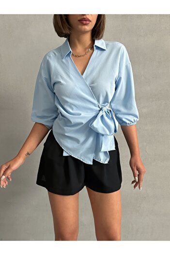 BEJNA Women's Blue Side Tie Shirt
