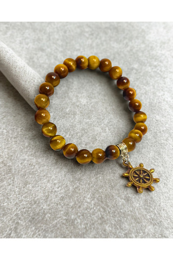 ayrestyle Natural Stone Bracelet with Tiger Eye and Ship Wheel Symbol Detail - Bracelet of Courage and Stability