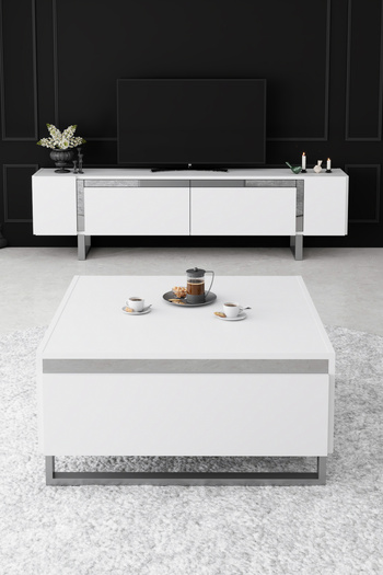 Modatte YILDIZ GÜMÜŞ METAL AYAKLI KROM TASARIM BEYAZ TV SEHPASI