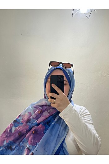 BOUTİCON Floral Patterned Dark Blue Soft Cotton Shawl 75X180