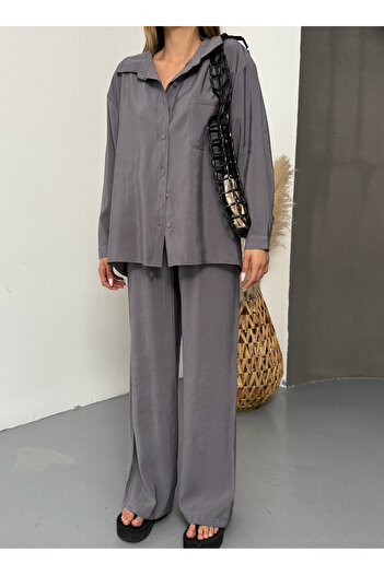 BEJNA Women's Gray Oversize Modal Shirt Pants Set