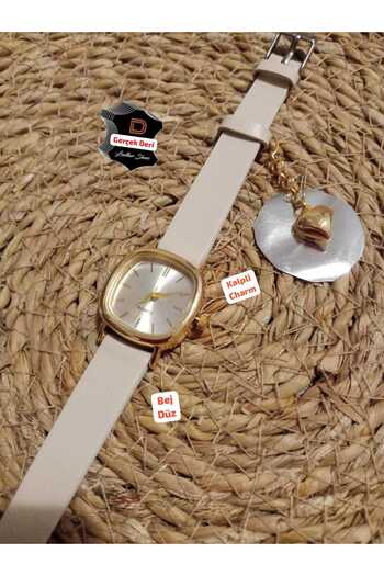 Brality Minimal Vintage Retro Women's Wristwatch_ Charmli - Gold Case... Beige Band Combination Watch. 0021
